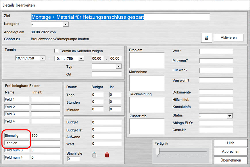 Benennen der Freifelder