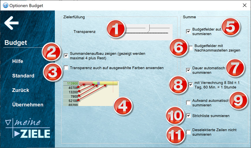 Optionen der Budget-Ansicht