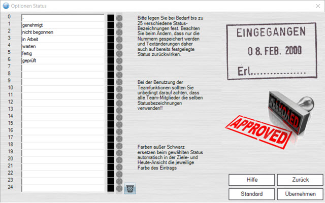 Einstellungen für Status